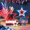 6-piece set of patriotic wooden star decorations in red, white, and blue, perfect for tabletop centerpieces, tiered trays, shelves, or home and office décor for Independence Day and Memorial Day celebrations.